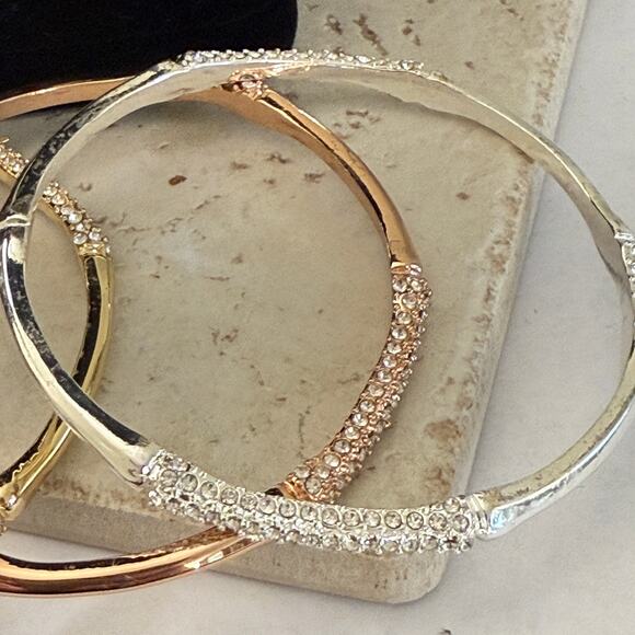 Napier Set of 3 Bangle Bracelet Set (Tri Tone- Rose, Gold, Silver) Slip on 3" - Picture 4 of 6